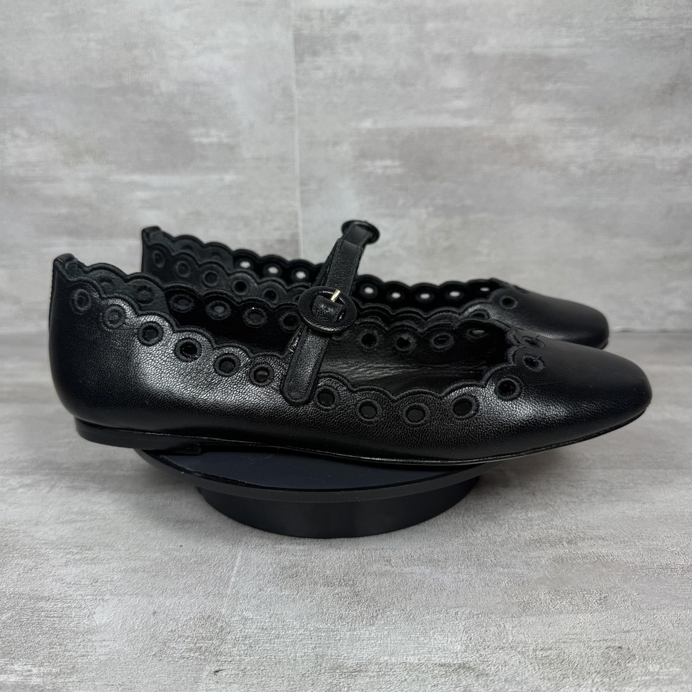 Larroude Black Leather Mary Jane Flats with Scalloped Eyelet Trim